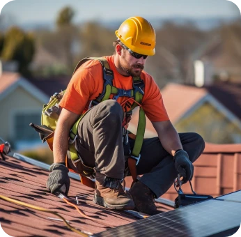 Construcción de Tejados 6 Trabajador con casco y arnés de seguridad instala paneles solares en el techo de una casa bajo un cielo despejado y soleado