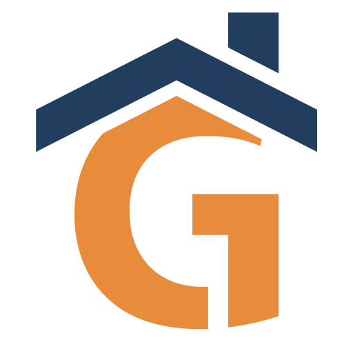 Logo con la letra 'G' de color naranja, flanqueada por un tejado de color azul, simbolizando servicios relacionados con propiedades o construcción
