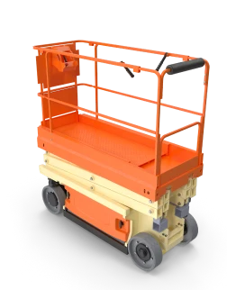 Reparacion de Goteras 2 Plataforma elevadora móvil de color naranja y amarillo, utilizada en la construcción para trabajos a gran altura con seguridad
