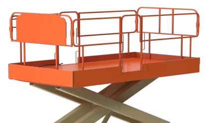 Reparacion de Goteras 9 Plataforma elevadora naranja con barandillas de seguridad, diseñada para trabajos de construcción en altura con un mecanismo de tijera