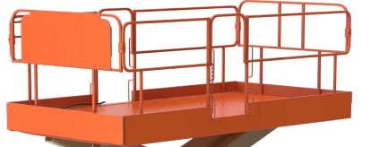 Construcción de Tejados 12 Plataforma elevadora naranja utilizada para trabajos de construcción en altura, con barandillas de seguridad y diseño robusto